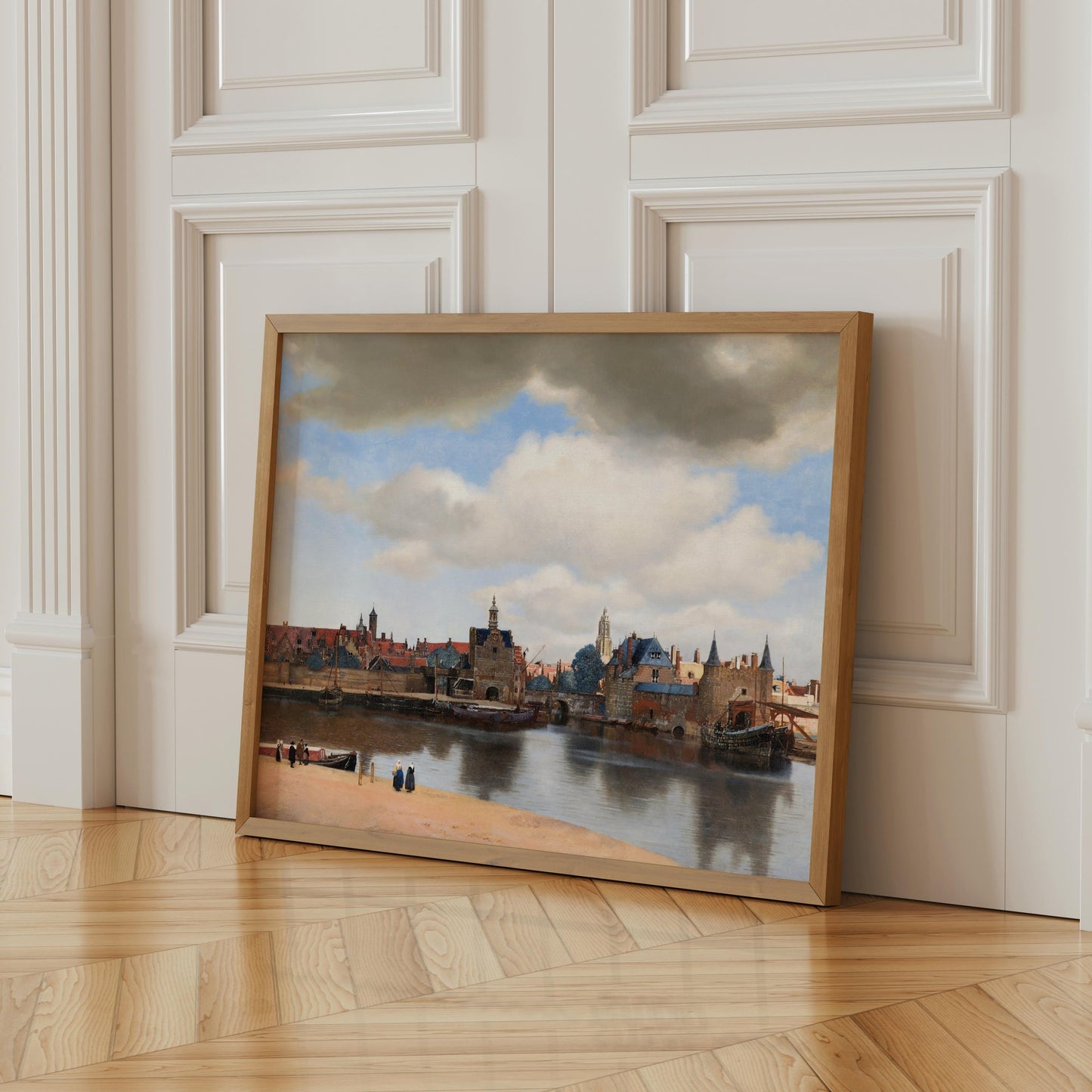 a painting of a cityscape with a river in the foreground.