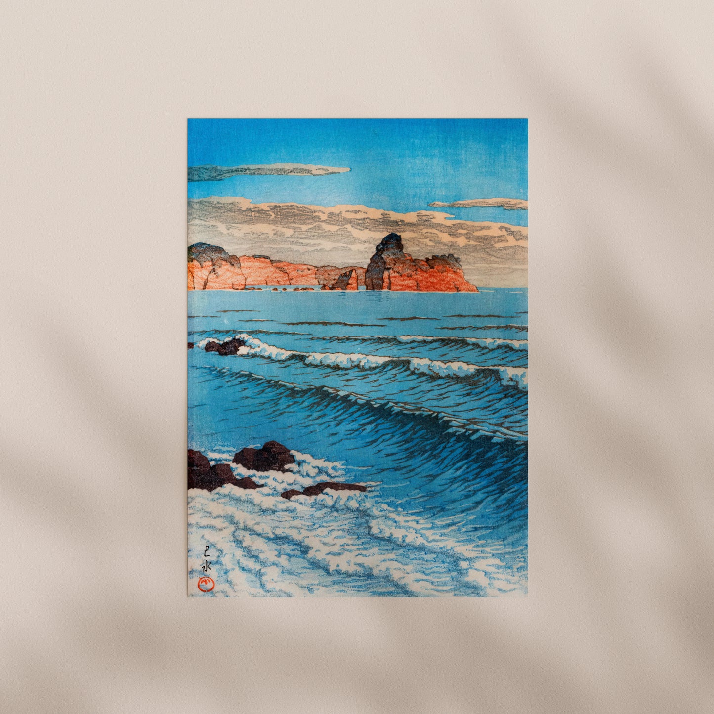 The image is a vibrant and colorful painting depicting a serene ocean scene with waves crashing against the rocky shore.