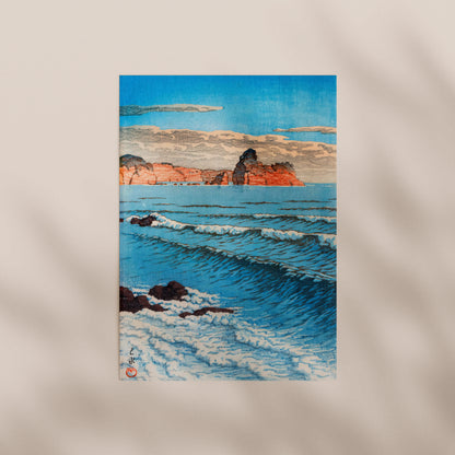 The image is a vibrant and colorful painting depicting a serene ocean scene with waves crashing against the rocky shore.