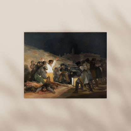 The image is a painting depicting a group of people gathered around a man who is lying on the ground, with some of the people holding up a flag.