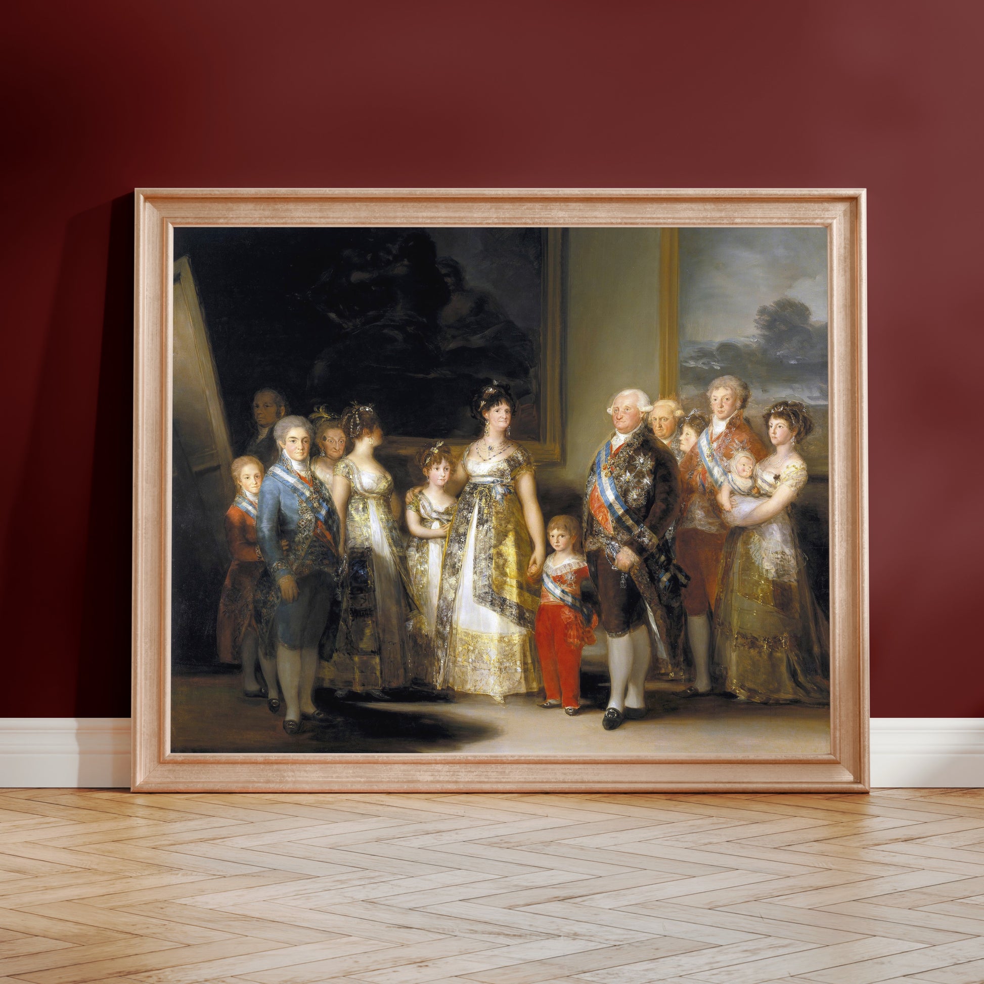 The image is a framed painting depicting a group of people in formal attire, likely from a historical period.