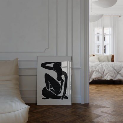 a minimalist bedroom design with a large abstract artwork of a human figure on the wall, a white bed, and a wooden floor.