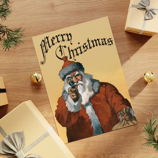 Christmas Greetings Cards: Santa Clause With Gun - Pathos Studio - Greetings Cards