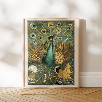 a framed painting of a peacock with its vibrant green body, yellow and blue feathers, and a large, colorful fan.
