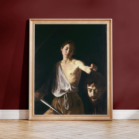 The image is a framed painting depicting a man with a sword, holding a head of a person.