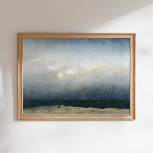 The image is a framed painting depicting a serene landscape with a cloudy sky and a body of water.
