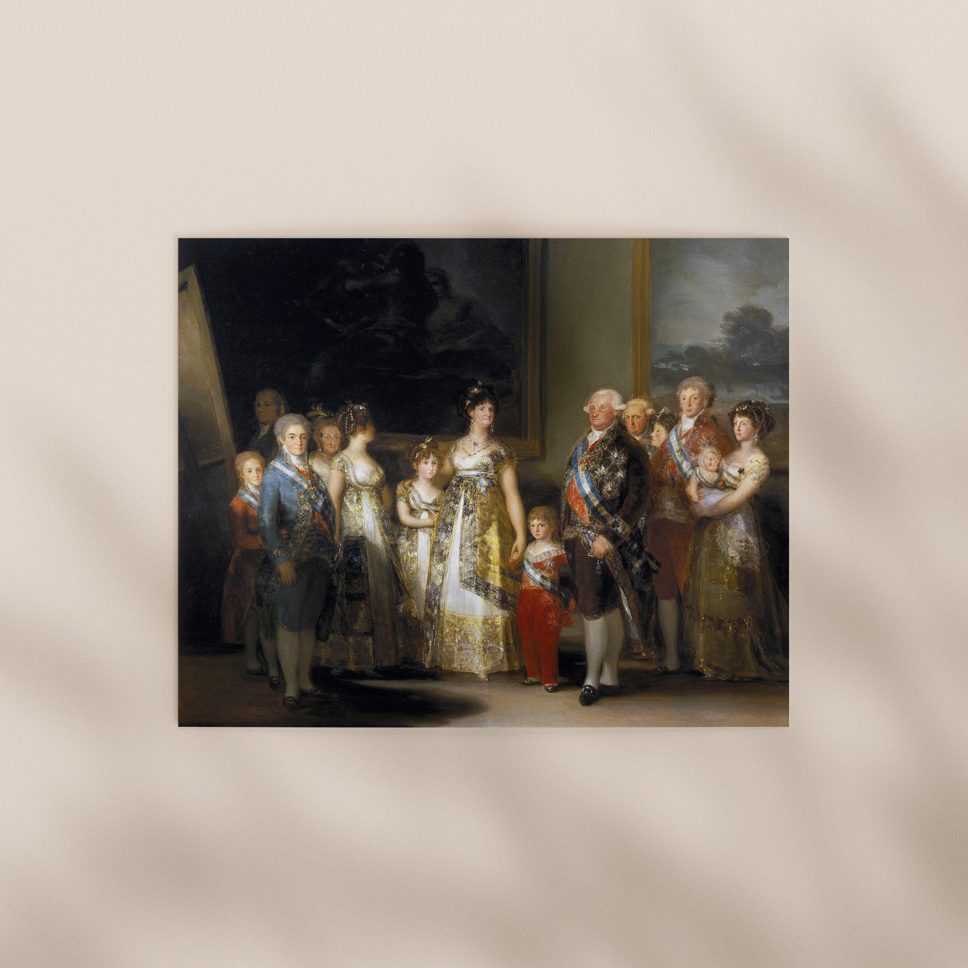 The image is a painting depicting a group of people in formal attire, likely from a historical or royal event.