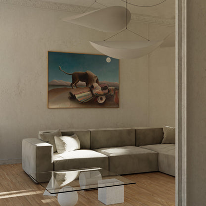 a modern living room with a large painting of a lion on the wall, a glass coffee table in the center, and a comfortable gray sofa.
