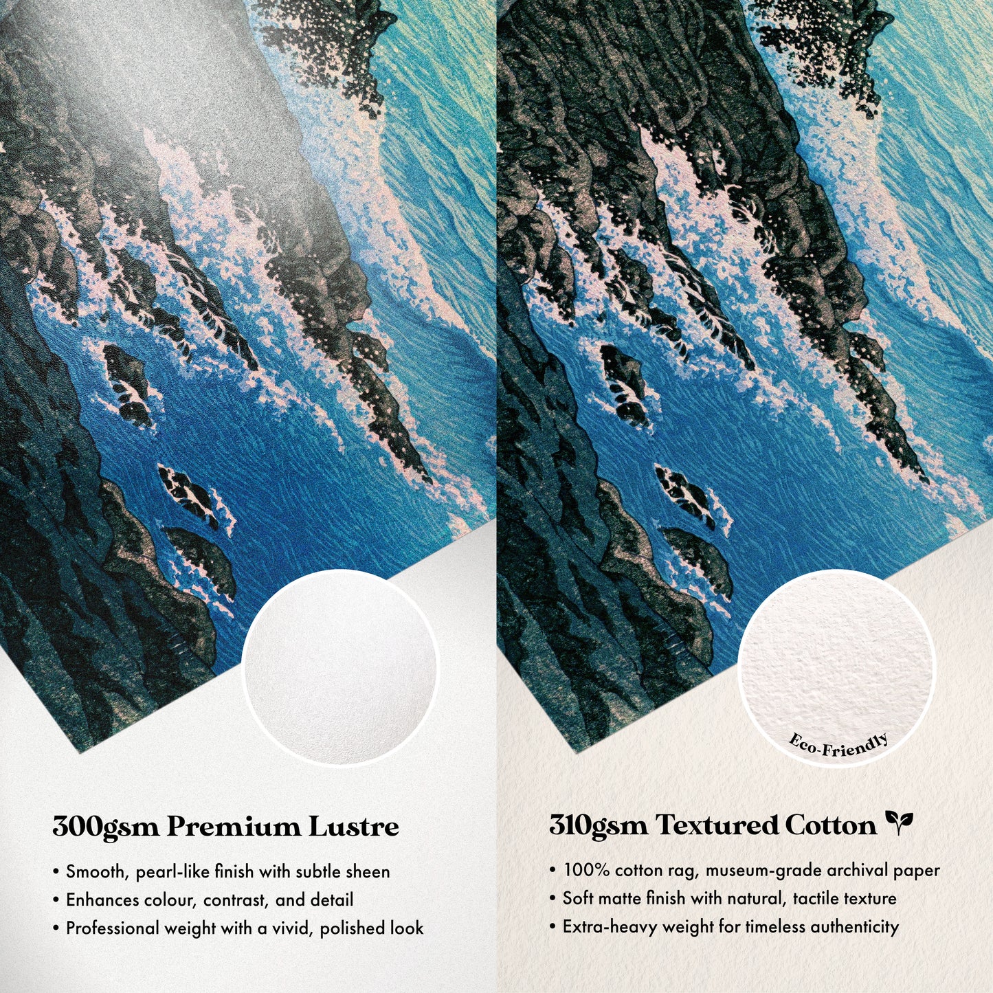 The image is a side-by-side comparison of two different types of paper: a 500g Premium Lustre paper and a 510g Textured Cotton paper. The Lustre paper is described as smooth, pearl-like finish with subtle sheen, enhancing color, contrast, and detail. The Textured Cotton paper is described as 100% cotton rag, museum-grade archival paper, soft matte finish with natural, tactile texture, and professional weight with a vivid, polished look.