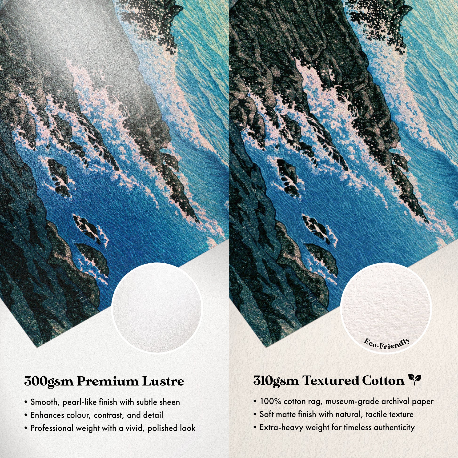The image is a side-by-side comparison of two different types of paper: a 500g Premium Lustre paper and a 510g Textured Cotton paper. The Lustre paper is described as smooth, pearl-like finish with subtle sheen, enhancing color, contrast, and detail. The Textured Cotton paper is described as 100% cotton rag, museum-grade archival paper, soft matte finish with natural, tactile texture, and professional weight with a vivid, polished look.
