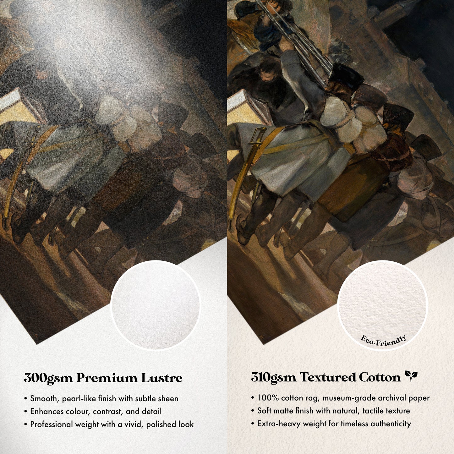The image is a collage of two images, each depicting a different type of paper. The left image shows a smooth, pearl-like finish with subtle sheen, while the right image features a textured cotton paper with a 100% cotton rag museum-grade archival paper, a soft matte finish with natural texture, and a professional weight with a polished look.
