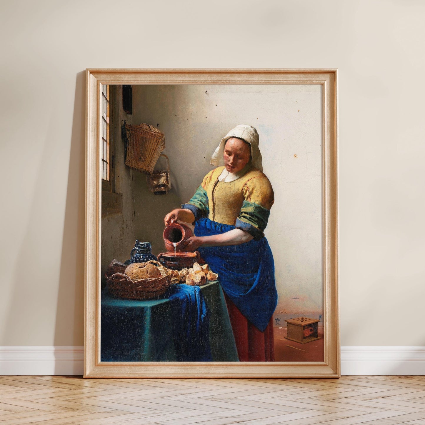 A woman in traditional Dutch attire is pouring a liquid from a pitcher into a bowl on a table, surrounded by various food items.