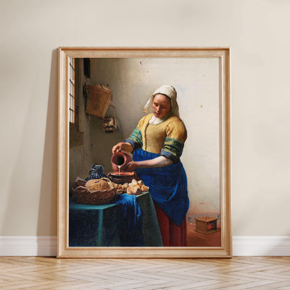 A woman in traditional Dutch attire is pouring a liquid from a pitcher into a bowl on a table, surrounded by various food items.