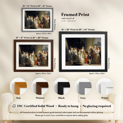 The image is a framed print of a painting depicting a group of people in a formal setting. The print is available in various sizes and frame styles, including a 16" 20" print in a 20" 24" frame, a 15" 17" print in a 30" 40cm frame, and a black frame. The print is FSC-Certified Solid Wood and ready to hang, with no glazing required. The image is a collage of multiple images, and the text provides information about the print and its frame options.