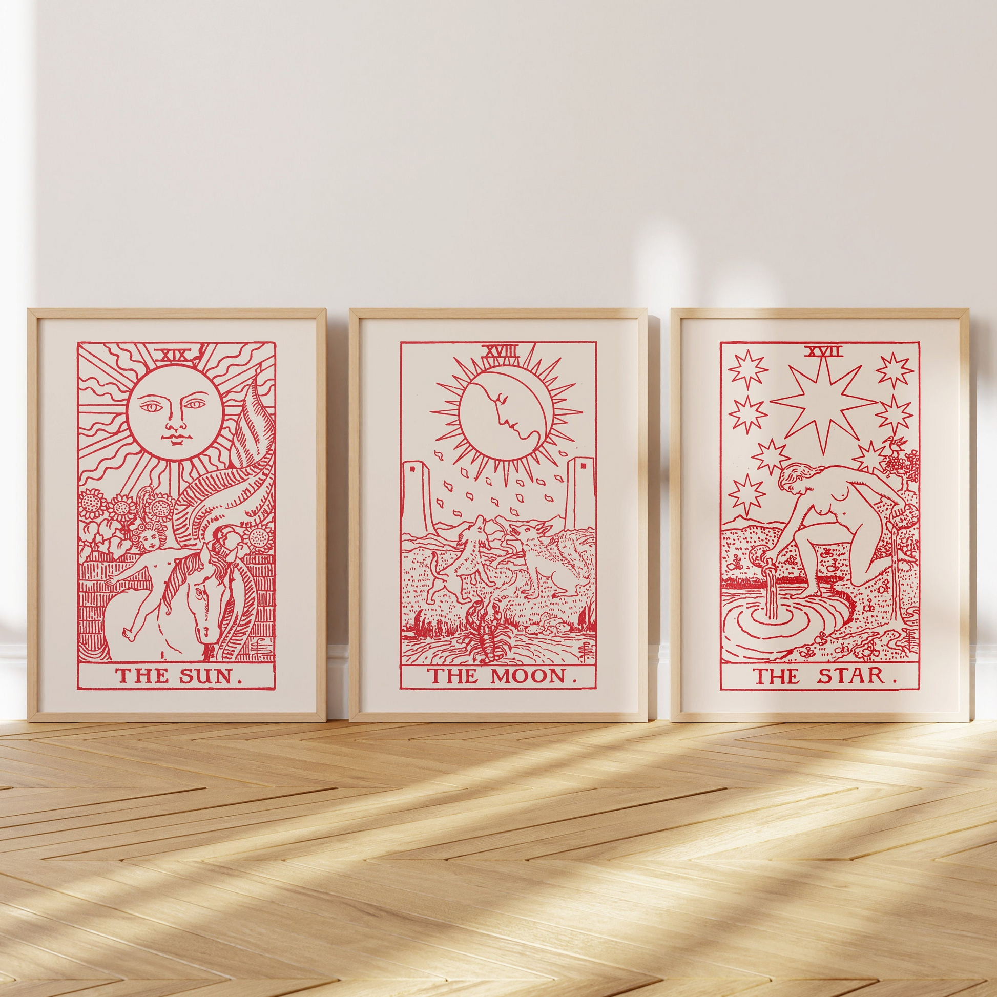 Set of 3 framed prints depicting tarot cards The Sun, The Moon & The Star