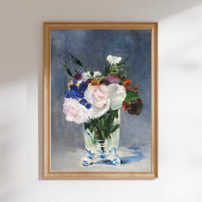 The image is a framed painting depicting a vase filled with colorful flowers, including white, pink, and purple blooms, set against a dark background.