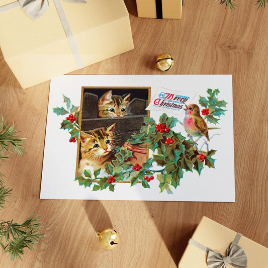 Christmas Greetings Cards: Cats and Robin - Pathos Studio - Greetings Cards