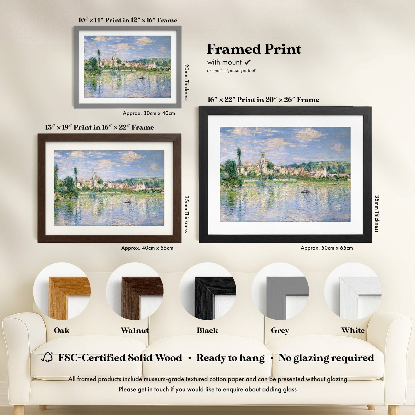 The image is a framed print of a landscape painting depicting a river with a castle in the background. The print is framed in various wood finishes, including oak, walnut, black, grey, and white. The print is described as a framed print with a print in 20 x 26 cm and a print in 16 x 14 cm frame. The print is FSC-Certified Solid Wood, ready to hang without glazing, and the image is described as a collage of multiple images.