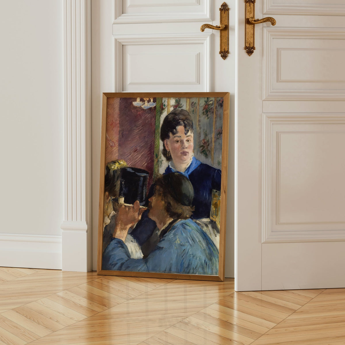 a painting of a woman in a blue dress, sitting in a chair and looking at a man. The painting is framed and placed on a wooden floor next to a white door.