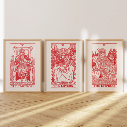 Set of 3 framed prints depicting tarot cards The Emperor, The Lovers and the Empress