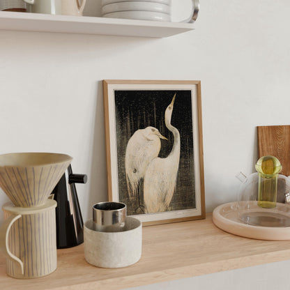 a wooden shelf with various objects, including a framed picture of two white birds, a coffee maker, a glass container, and a ceramic vase.