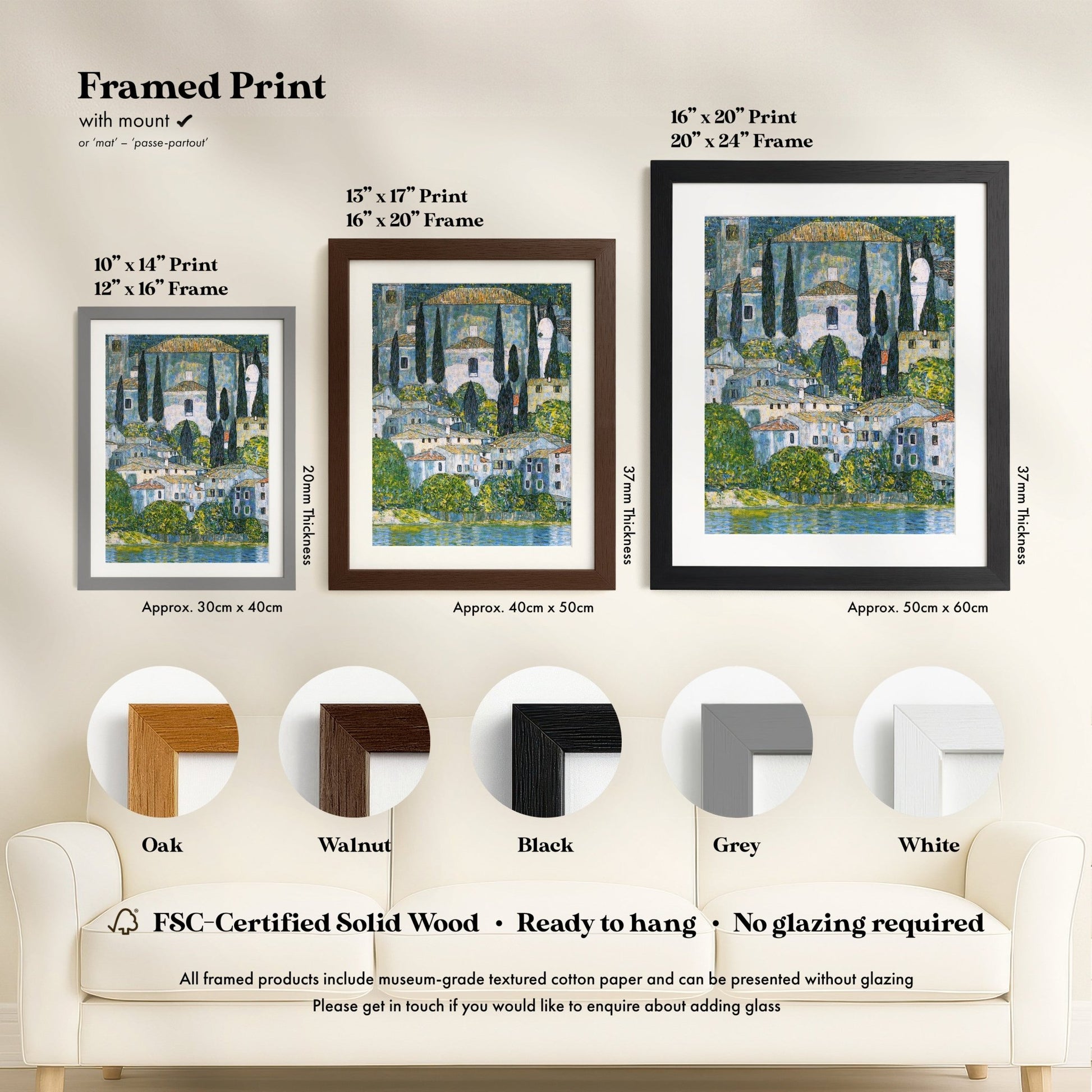three framed prints of the same artwork, each with a different frame color and size, arranged on a wall.