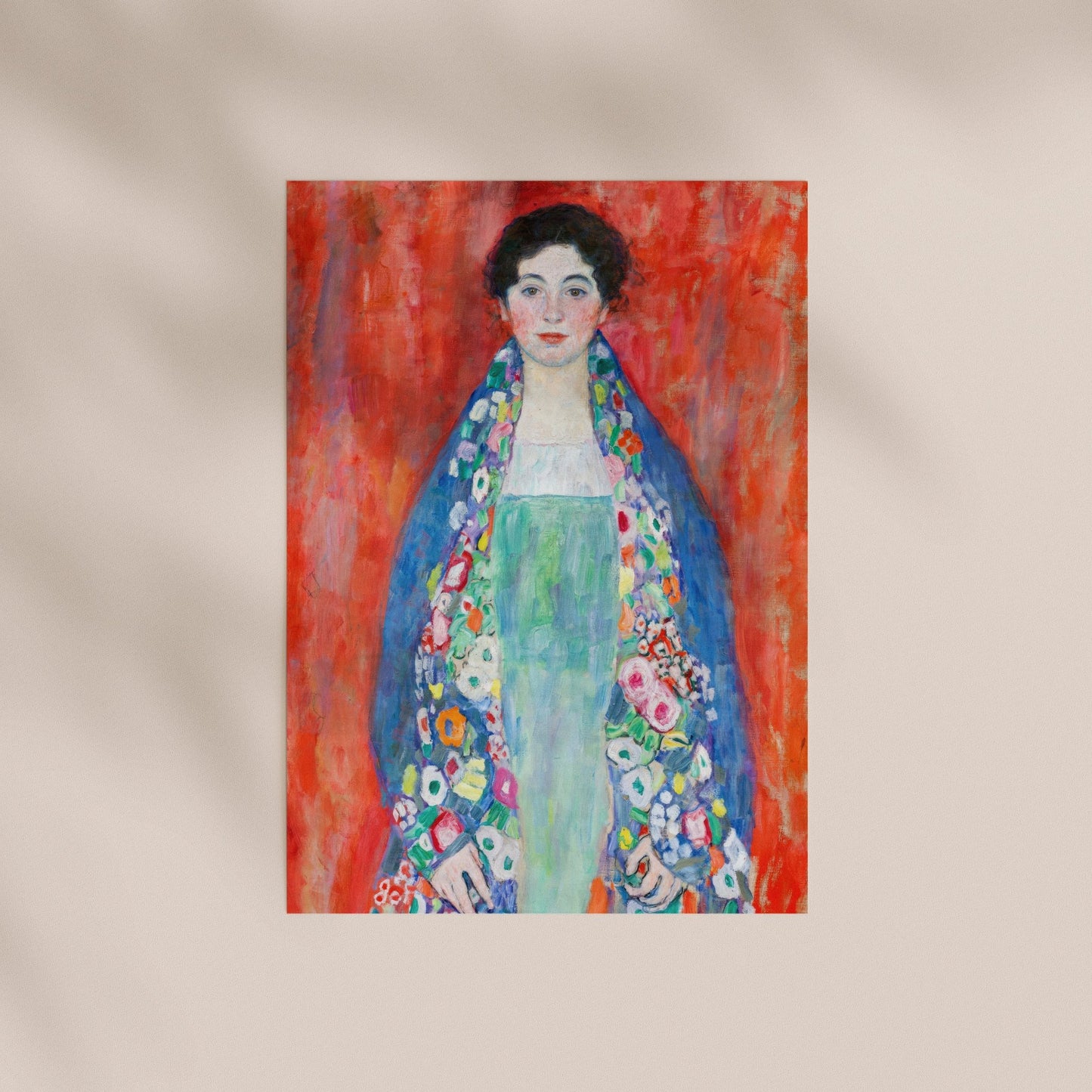 The image is a painting of a woman wearing a colorful, patterned dress against a vibrant red background.