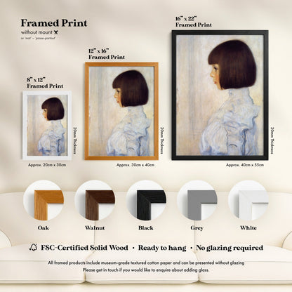 The image is a framed print of a painting of a young girl with short hair, displayed in various sizes and frame styles.