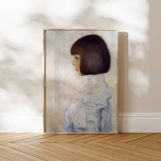 The image is a framed painting of a young girl with short dark hair, wearing a white blouse, standing in profile against a white background.