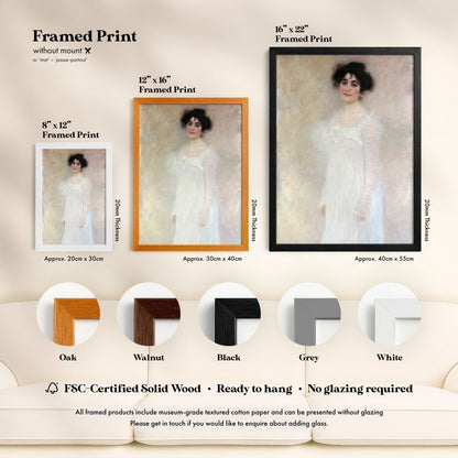 The image is a framed print of a painting of a woman in a white dress, with various frame options available for purchase.