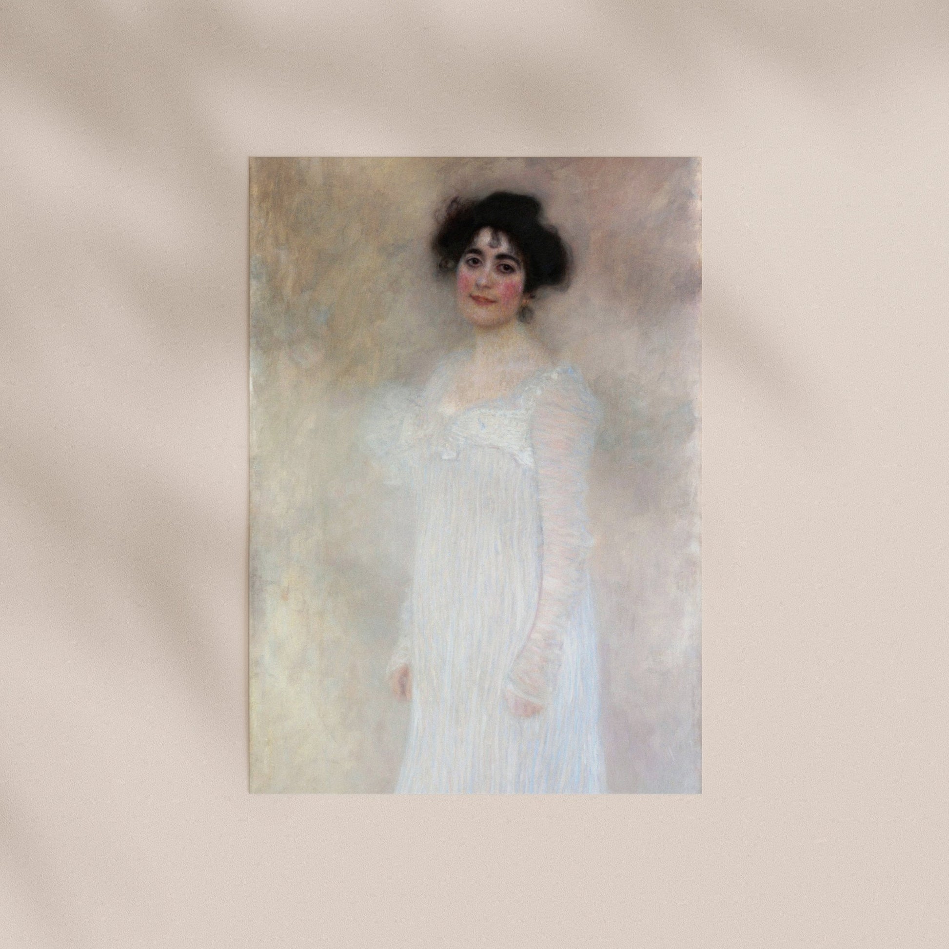 A portrait of a woman wearing a white dress, with a pensive expression on her face.