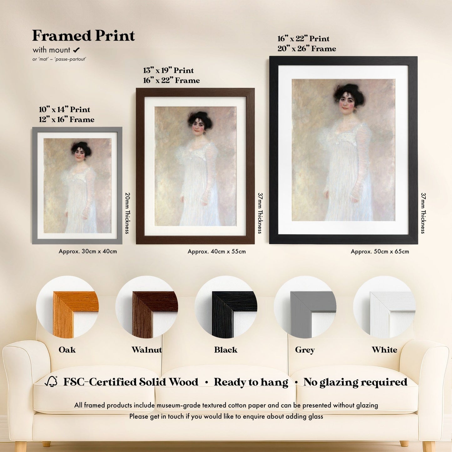 The image is a framed print of a painting of a woman in a white dress, displayed on a wall. The print is available in different frame sizes and colors, including oak, walnut, black, grey, and white. The text provides information about the print, including its dimensions and frame types.