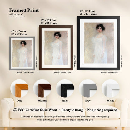 The image is a framed print of a painting of a woman in a white dress, displayed on a wall. The print is available in different frame sizes and colors, including oak, walnut, black, grey, and white. The text provides information about the print, including its dimensions and frame types.