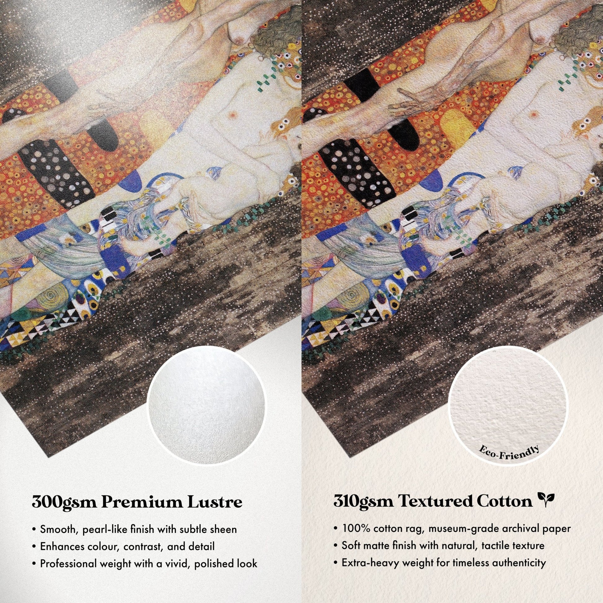 The image is a collage of two images, each depicting a different type of paper: a smooth, pearl-like finish with subtle sheen and a textured cotton paper.