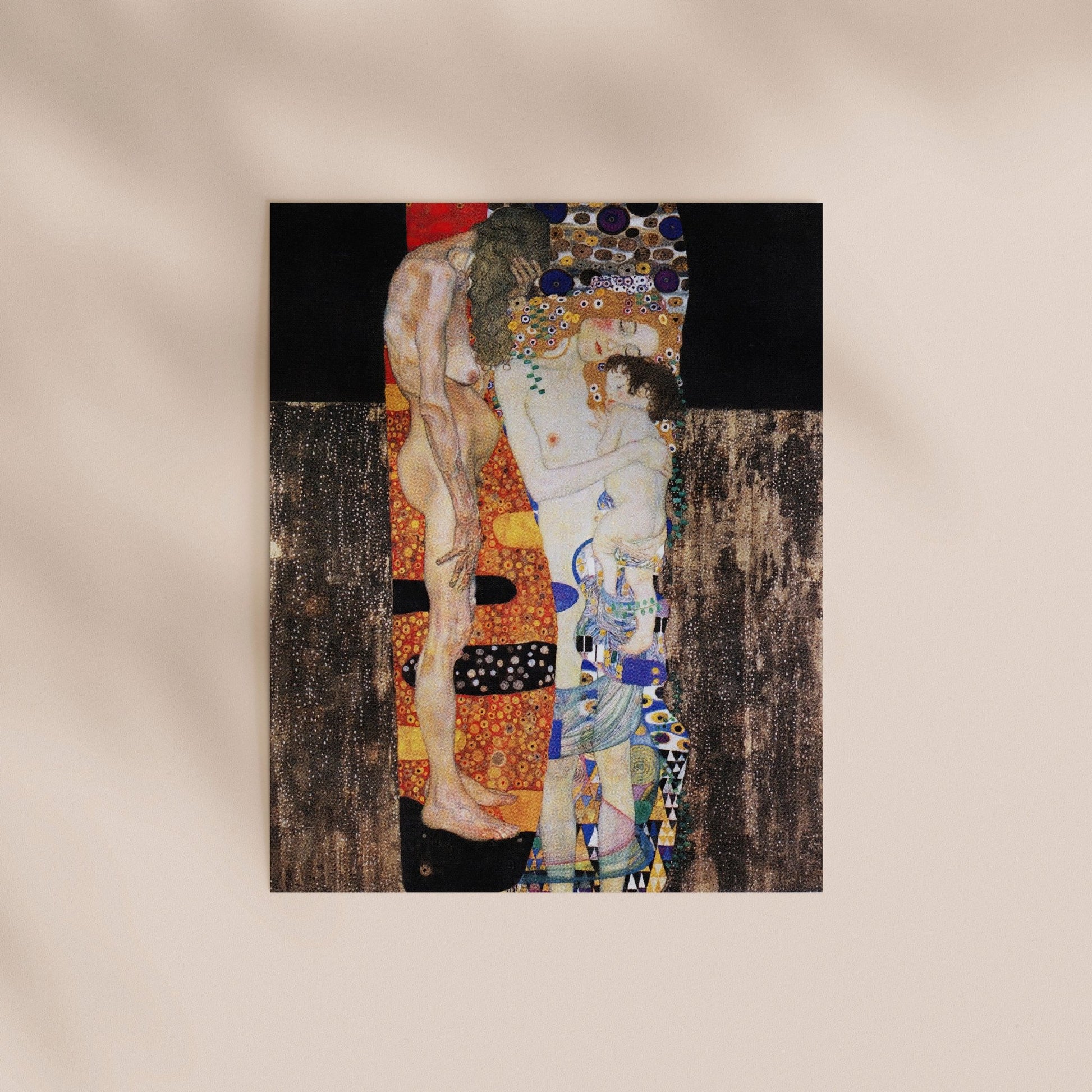 The image is a painting featuring a group of people, including a man and a woman, in a colorful and abstract composition.