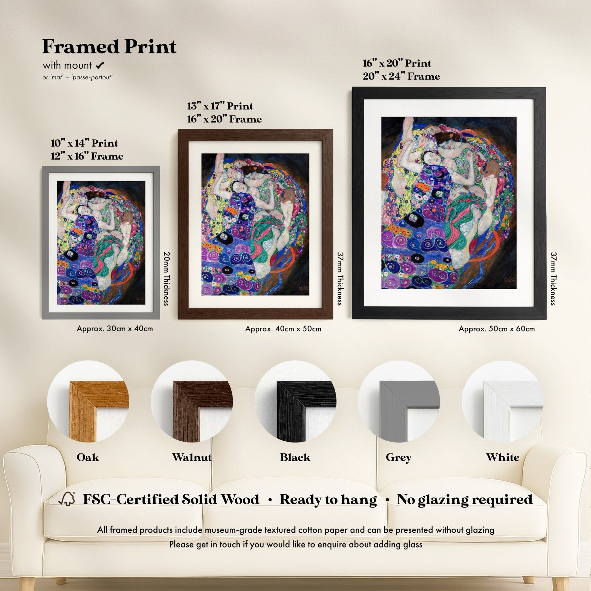 three framed prints of the same artwork, each with a different frame size and color. The text provides information about the framed prints, including their size, frame type, and color options.