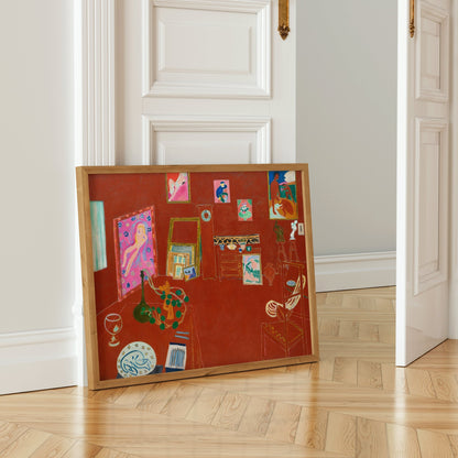 a vibrant, colorful painting of a room with various objects, including a vase, a chair, and a person, all set against a red background.