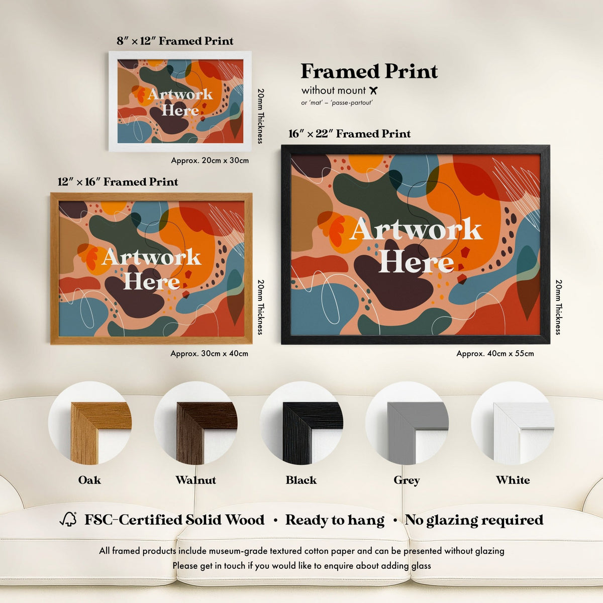 a picture of a living room with a couch and artwork on the wall
