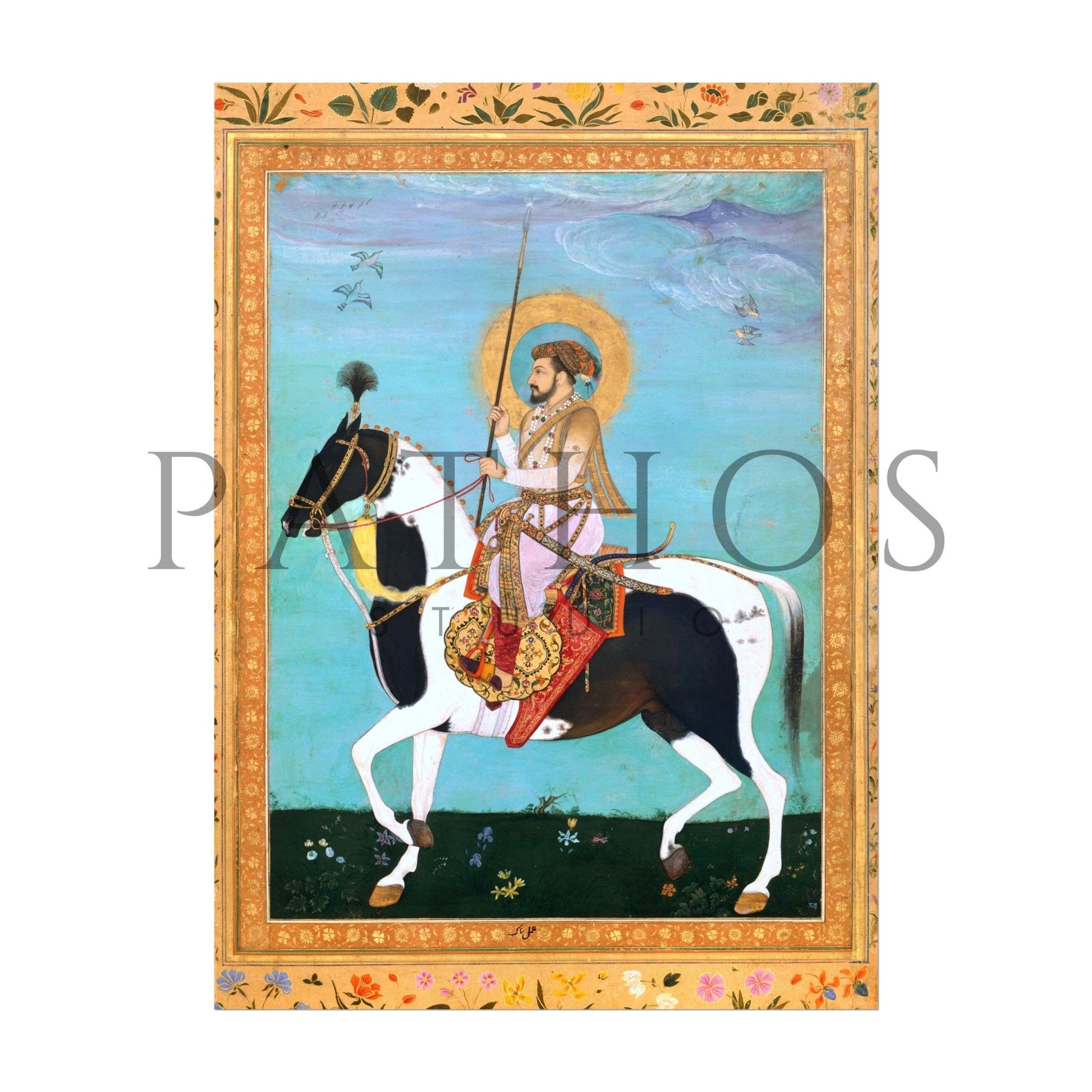 Shah Jahan on Horseback (Traditional Indian Miniature Art) - Pathos Studio - Art Prints