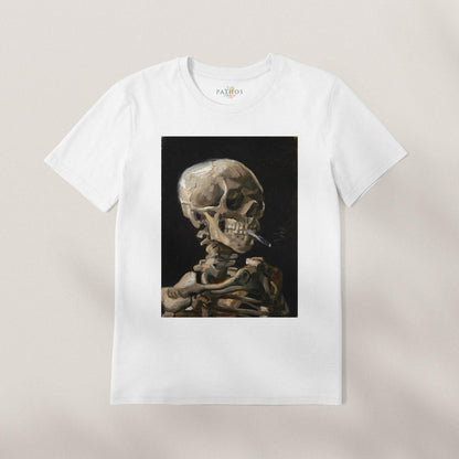 A white t-shirt with a framed image of a skeleton smoking a cigarette.