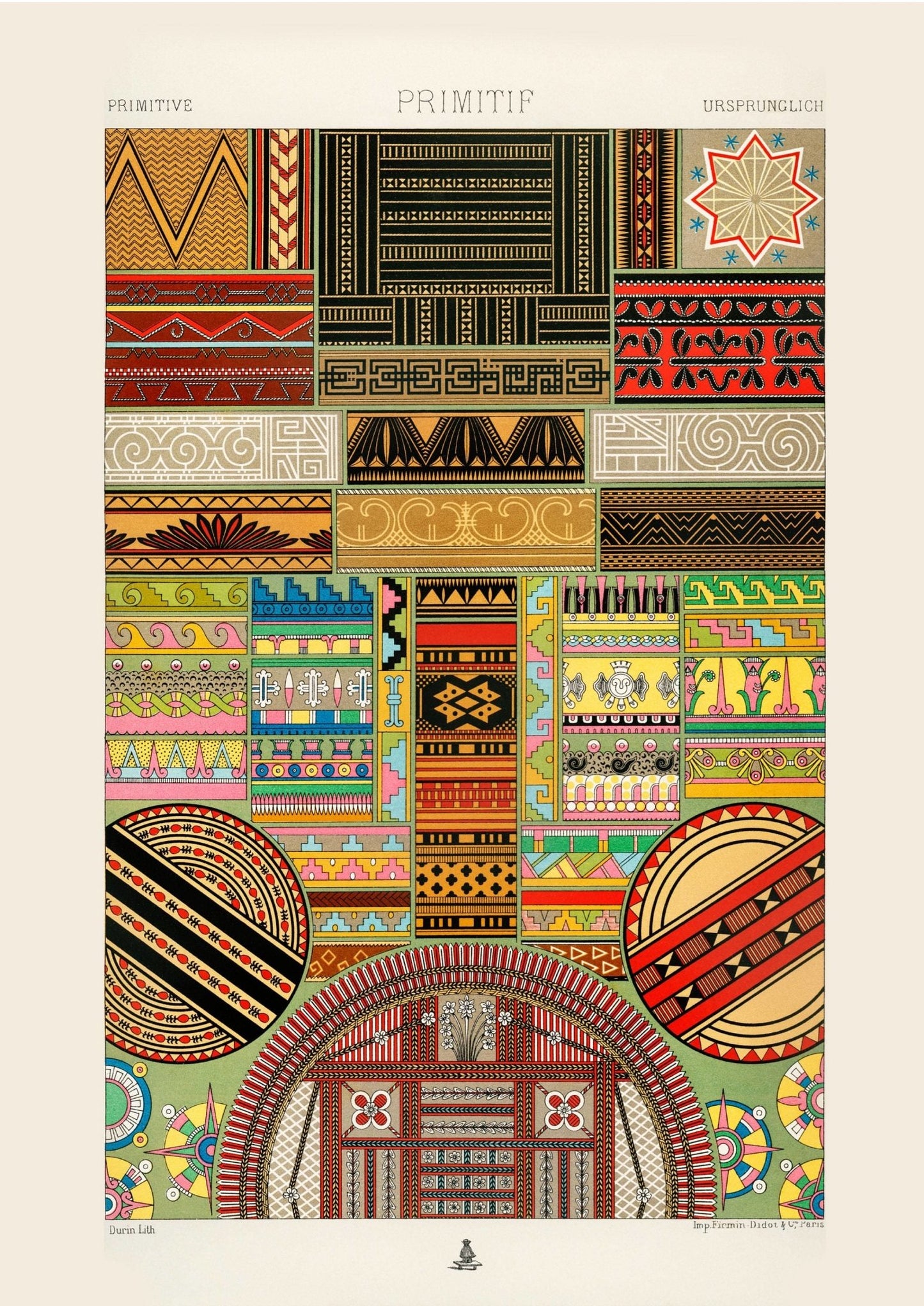 ALBERT RACINET - Primitive Pattern Lithograph from 'L'ornement Polychrome'