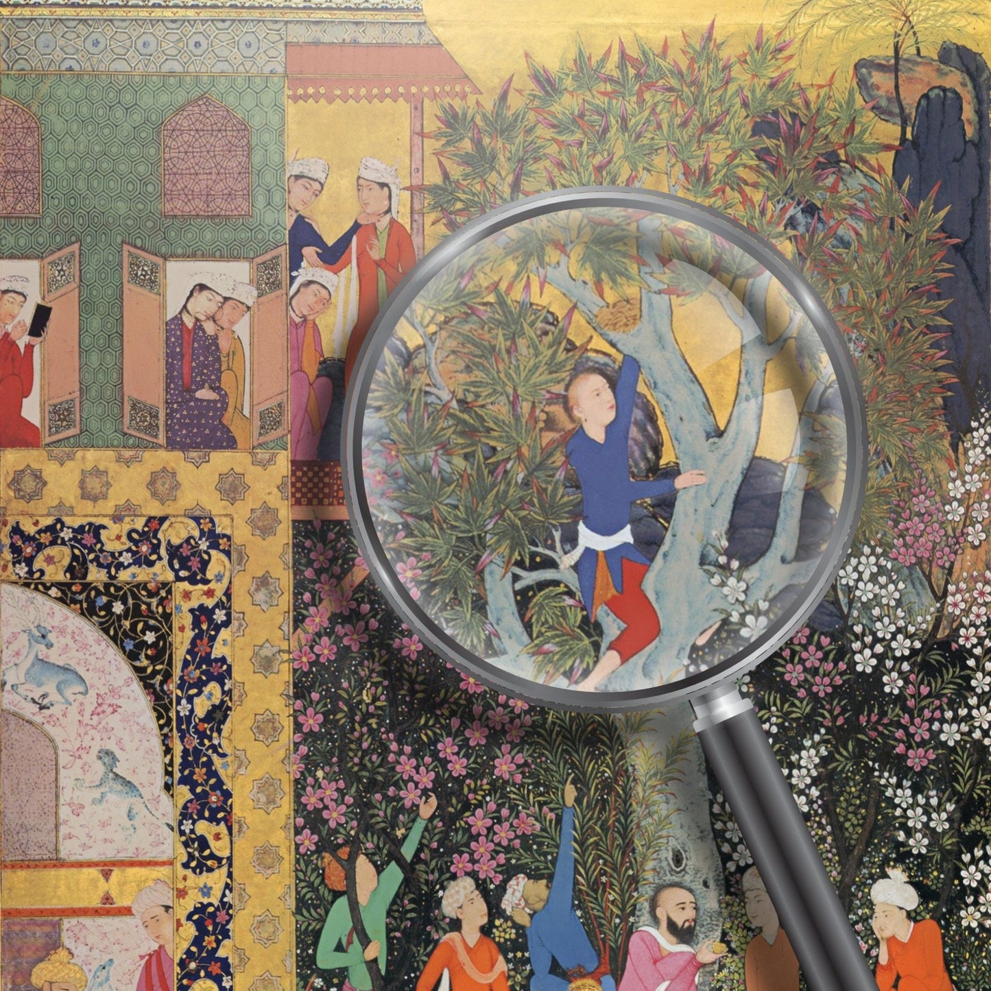 Fête dans la nature de Muraqqa-e Gulshan (art miniature persan traditionnel)