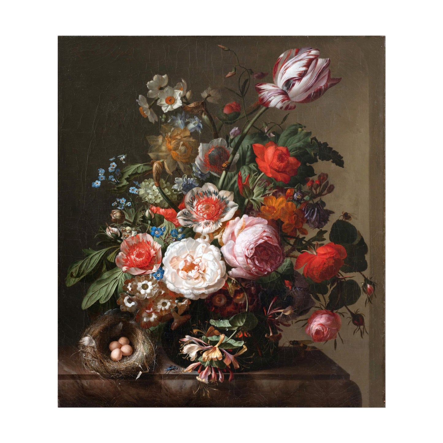 RACHEL RUYSCH - Blumen in einer Vase mit einem Vogelnest