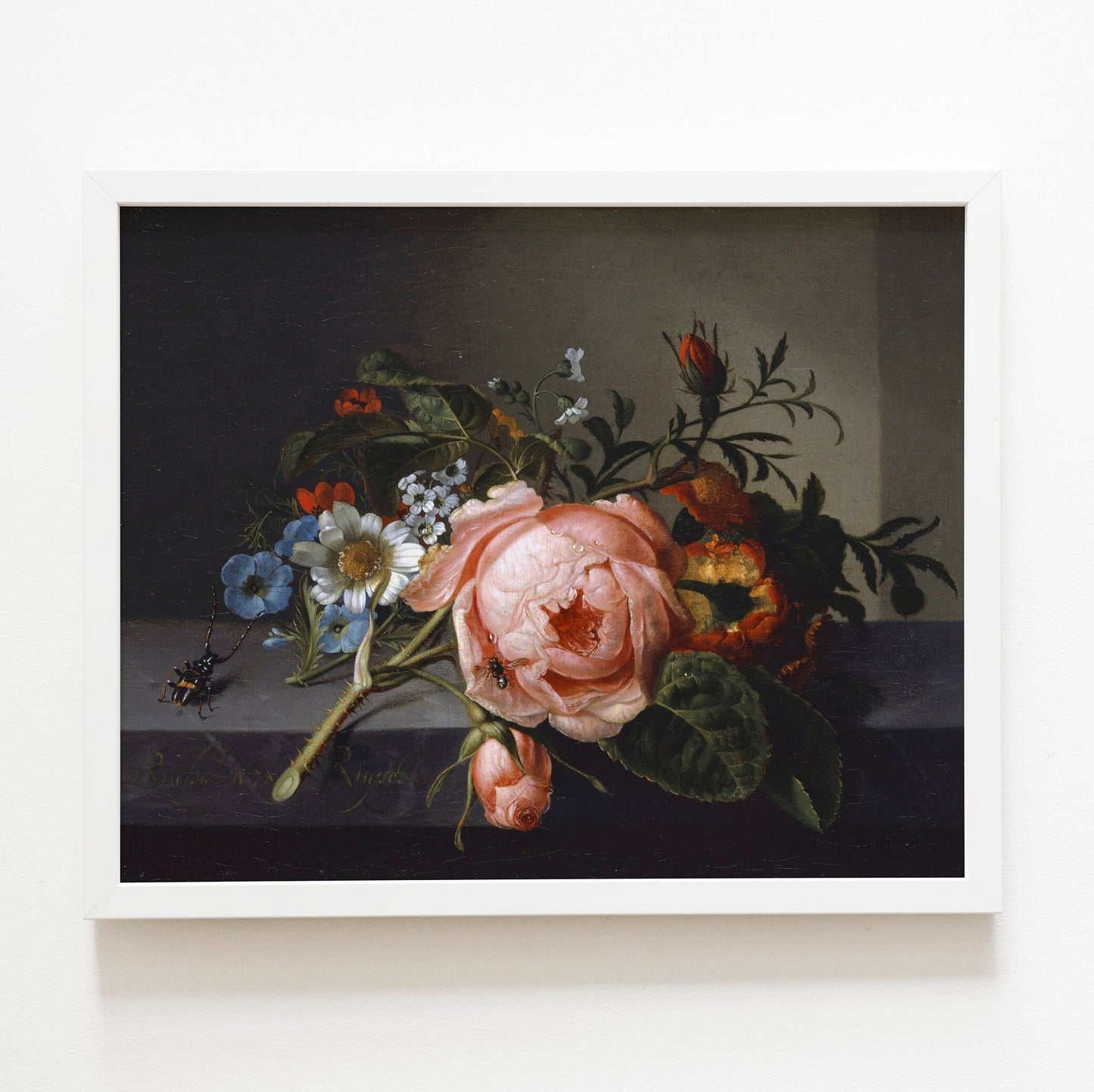 RACHEL RUYSCH - Stillleben mit Rosenzweig, Käfer und Biene