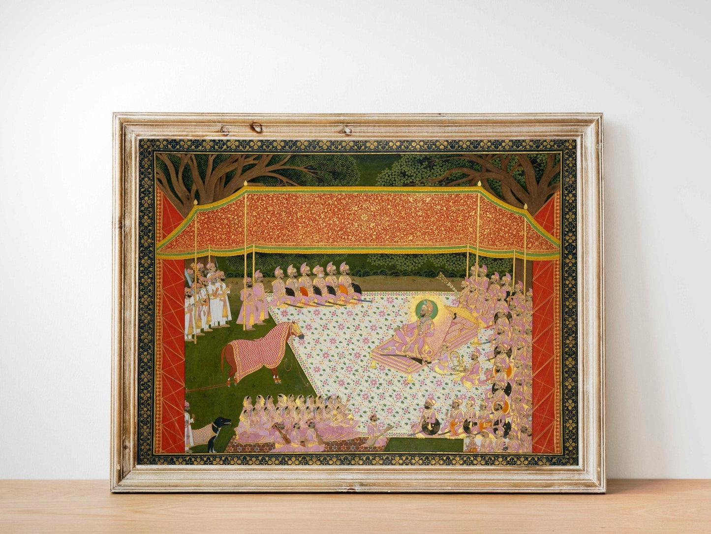 Maharana Sarup Singh inspiziert einen preisgekrönten Hengst (traditionelle indische Miniaturmalerei)