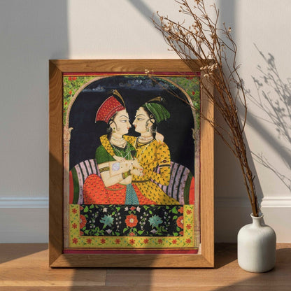 Two Ladies Embracing at a Jharoka (Traditional Indian / Hindu Painting)